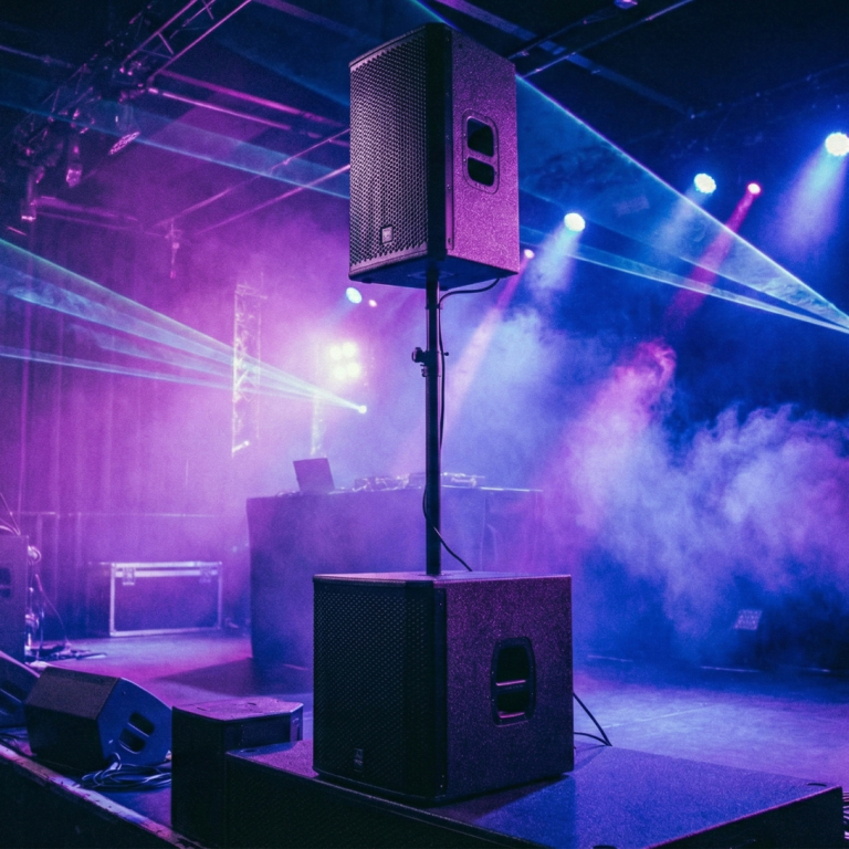 Professionelle PA-Anlage mit Lautsprechern, Mischpult und Eventtechnik für Veranstaltungen.