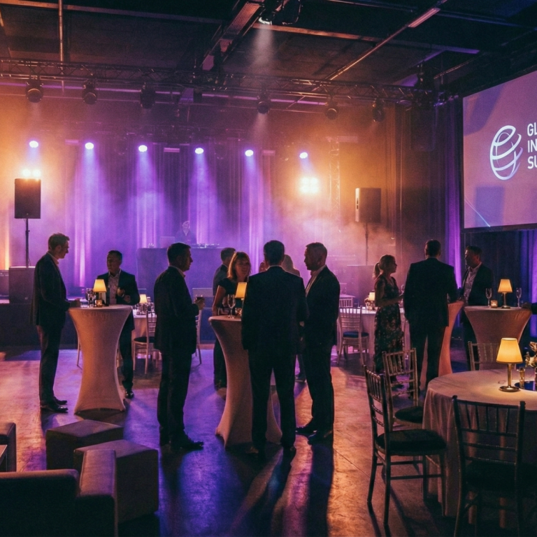 Gäste auf einer stilvollen Firmenfeier mit DJ-Musik und stimmungsvoller Beleuchtung.