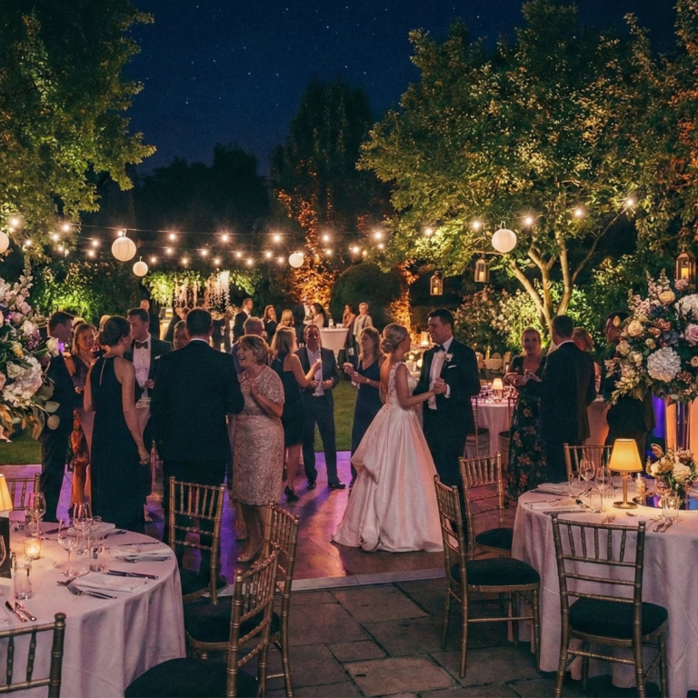 Brautpaar tanzt auf der Tanzfläche während einer Hochzeitsfeier mit DJ-Musik.
